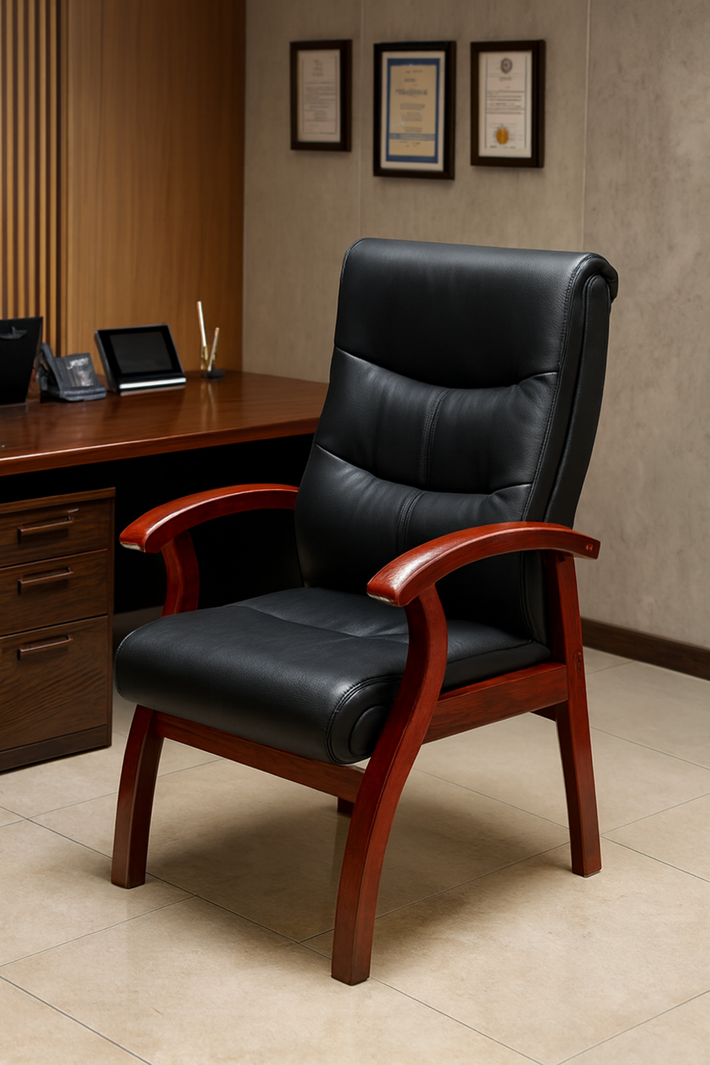 3-link heavy duty waiting bench, 2.4m boardroom table, Mahogany Coat HANGER, Headrest Office Chair, Wooden executive desk, dining table, high back executive chair, 15-locker filing cabinet,