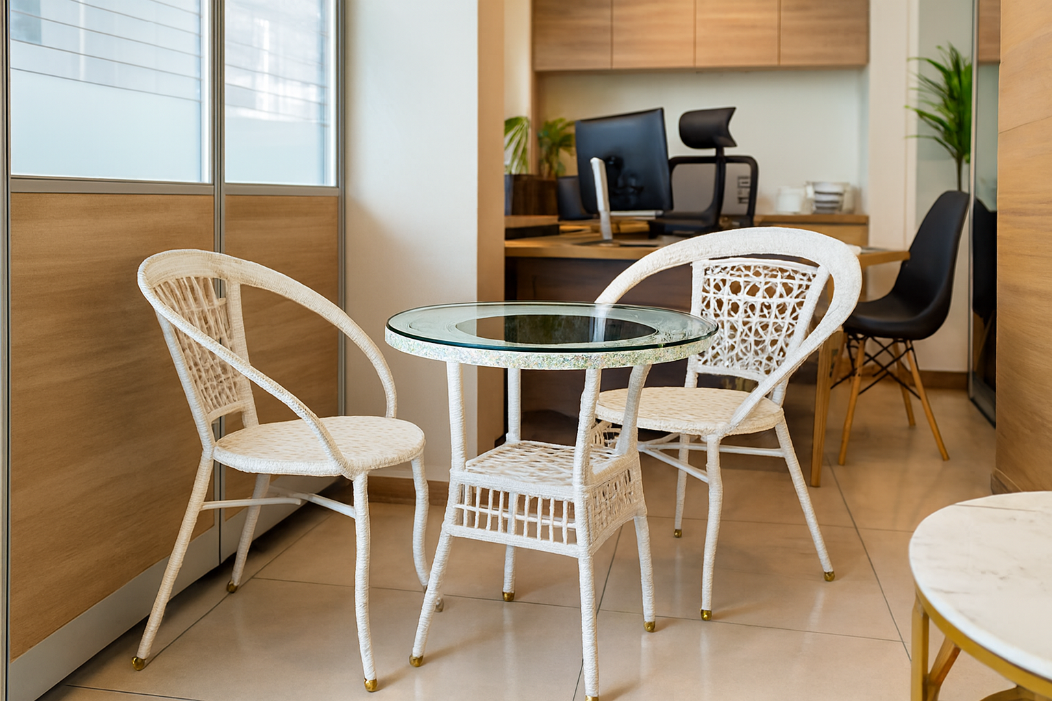 3-link heavy duty waiting bench, 2.4m boardroom table, Mahogany Coat HANGER, Headrest Office Chair, Wooden executive desk, dining table, high back executive chair, 15-locker filing cabinet,