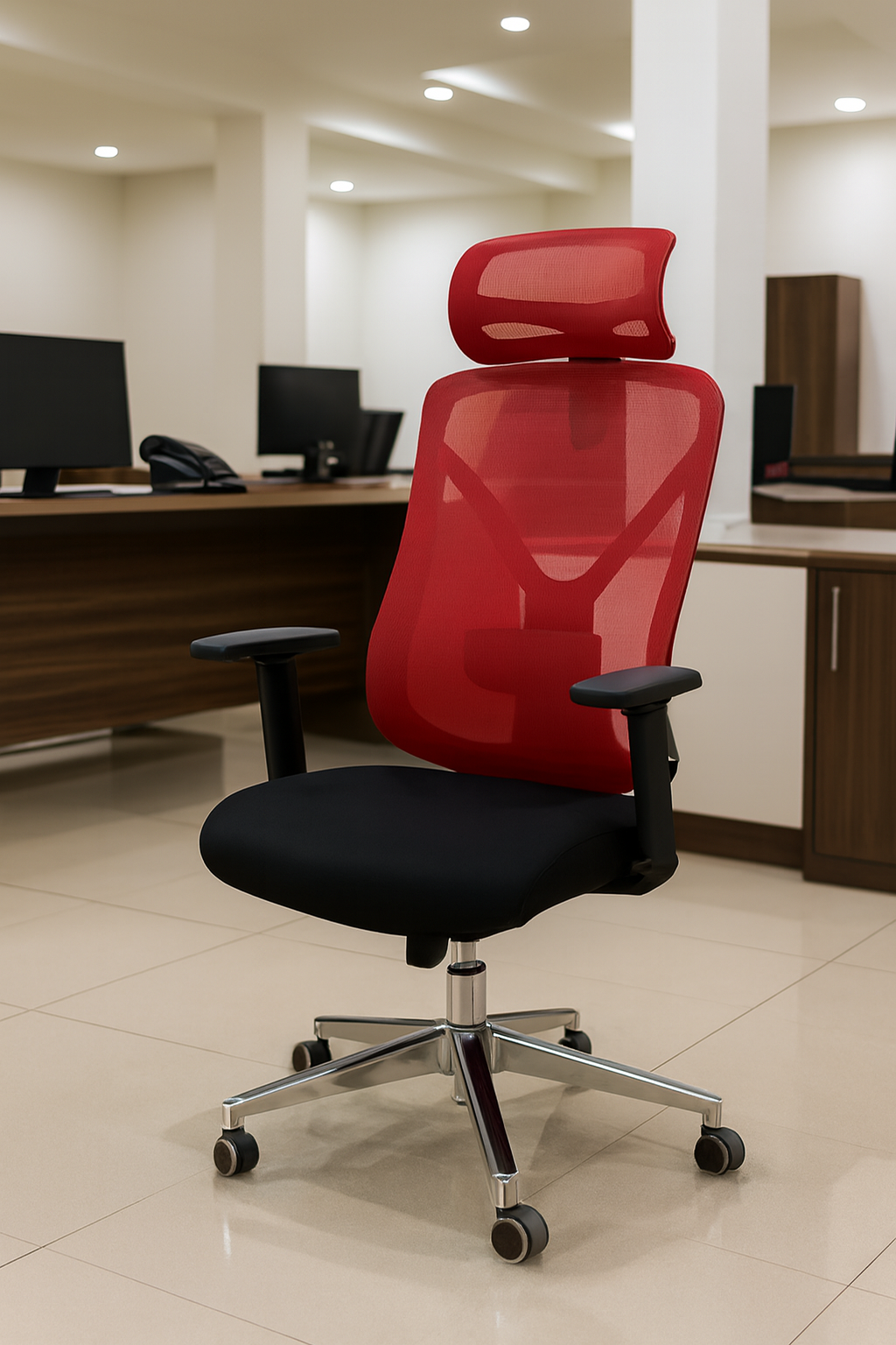 3-link heavy duty waiting bench, 2.4m boardroom table, Mahogany Coat HANGER, Headrest Office Chair, Wooden executive desk, dining table, high back executive chair, 15-locker filing cabinet,