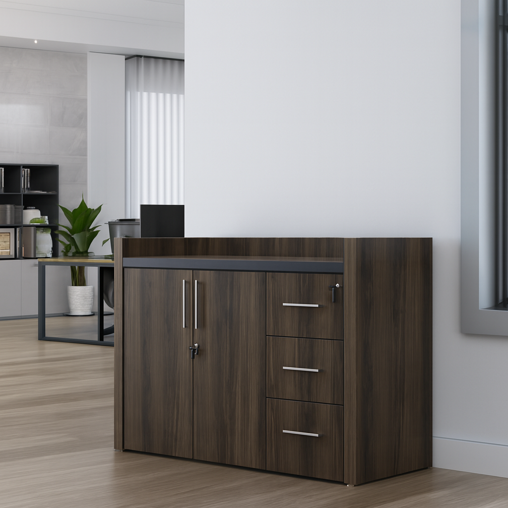 3-link heavy duty waiting bench, 2.4m boardroom table, Mahogany Coat HANGER, Headrest Office Chair, Wooden executive desk, dining table, high back executive chair, 15-locker filing cabinet,