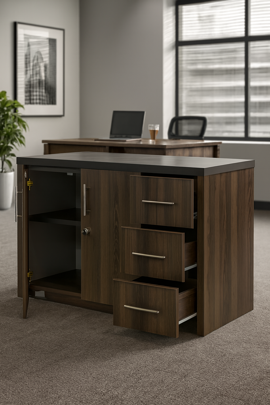 3-link heavy duty waiting bench, 2.4m boardroom table, Mahogany Coat HANGER, Headrest Office Chair, Wooden executive desk, dining table, high back executive chair, 15-locker filing cabinet,