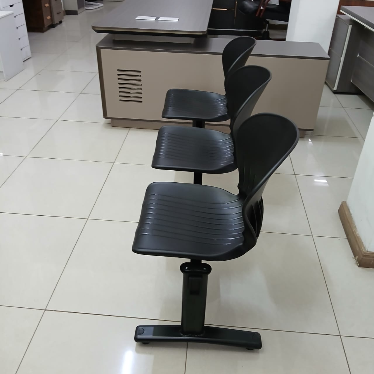 3-link heavy duty waiting bench, 2.4m boardroom table, Mahogany Coat HANGER, Headrest Office Chair, Wooden executive desk, dining table, high back executive chair, 15-locker filing cabinet,