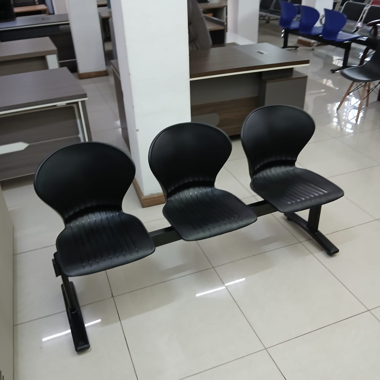 3-link heavy duty waiting bench, 2.4m boardroom table, Mahogany Coat HANGER, Headrest Office Chair, Wooden executive desk, dining table, high back executive chair, 15-locker filing cabinet,