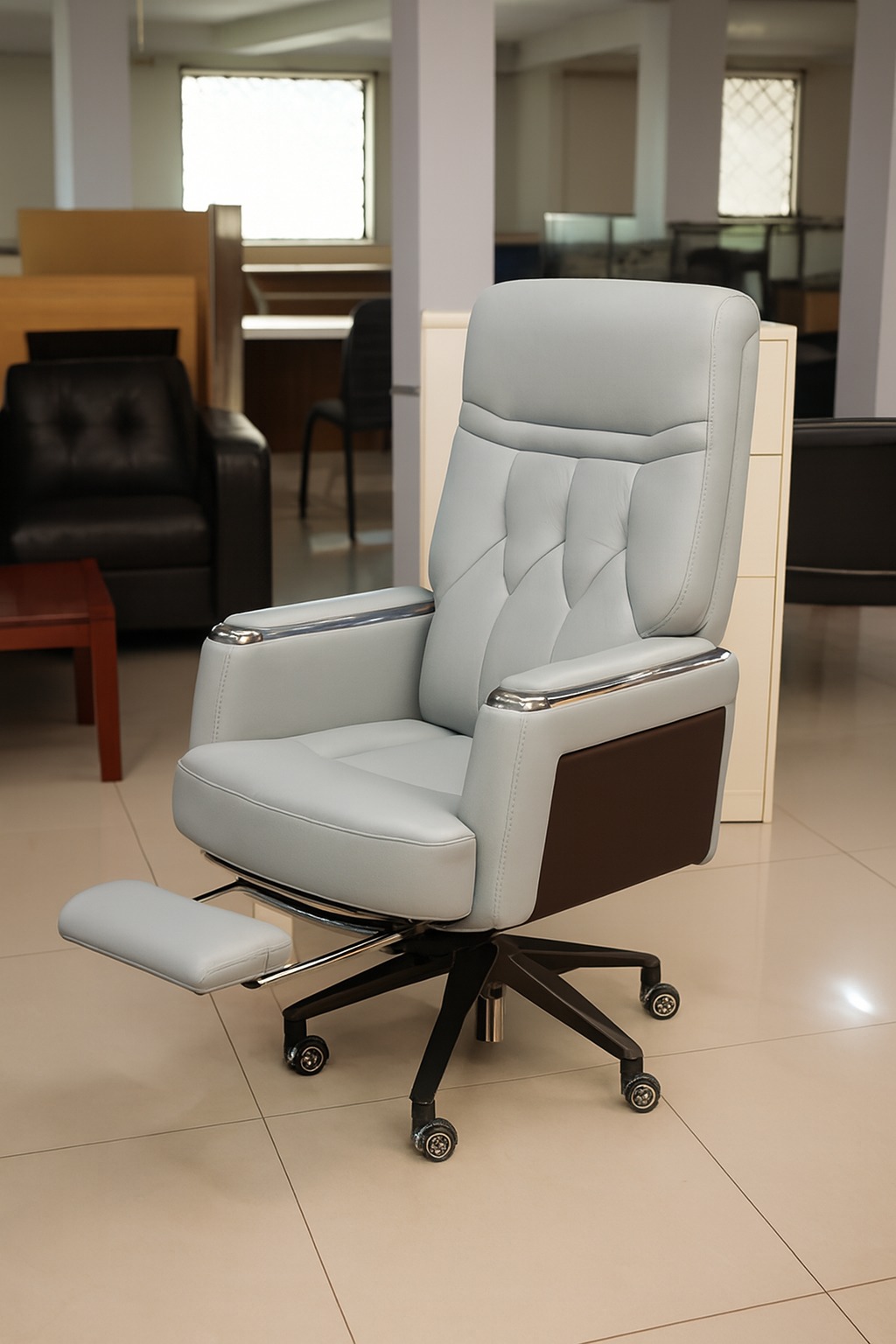 3-link heavy duty waiting bench, 2.4m boardroom table, Mahogany Coat HANGER, Headrest Office Chair, Wooden executive desk, dining table, high back executive chair, 15-locker filing cabinet,