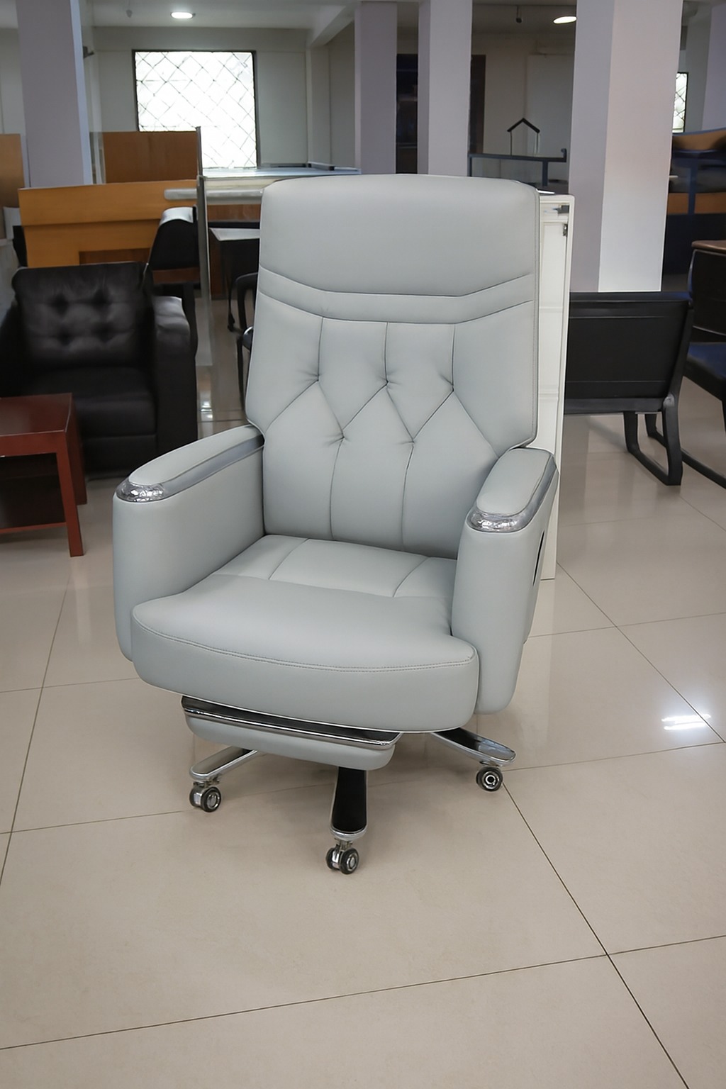 3-link heavy duty waiting bench, 2.4m boardroom table, Mahogany Coat HANGER, Headrest Office Chair, Wooden executive desk, dining table, high back executive chair, 15-locker filing cabinet,