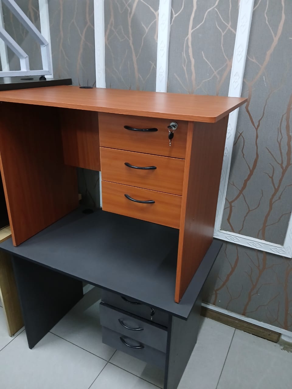 3-link heavy duty waiting bench, 2.4m boardroom table, Mahogany Coat HANGER, Headrest Office Chair, Wooden executive desk, dining table, high back executive chair, 15-locker filing cabinet,