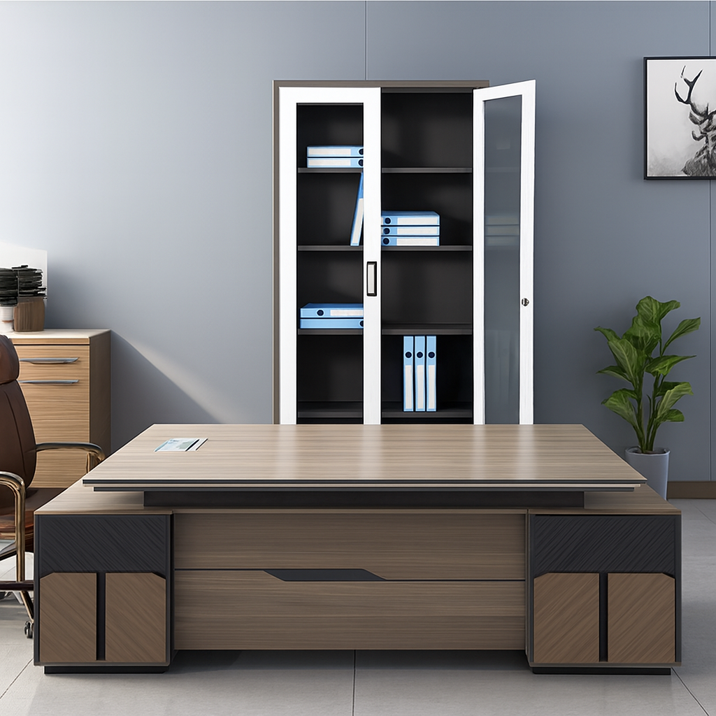 3-link heavy duty waiting bench, 2.4m boardroom table, Mahogany Coat HANGER, Headrest Office Chair, Wooden executive desk, dining table, high back executive chair, 15-locker filing cabinet,