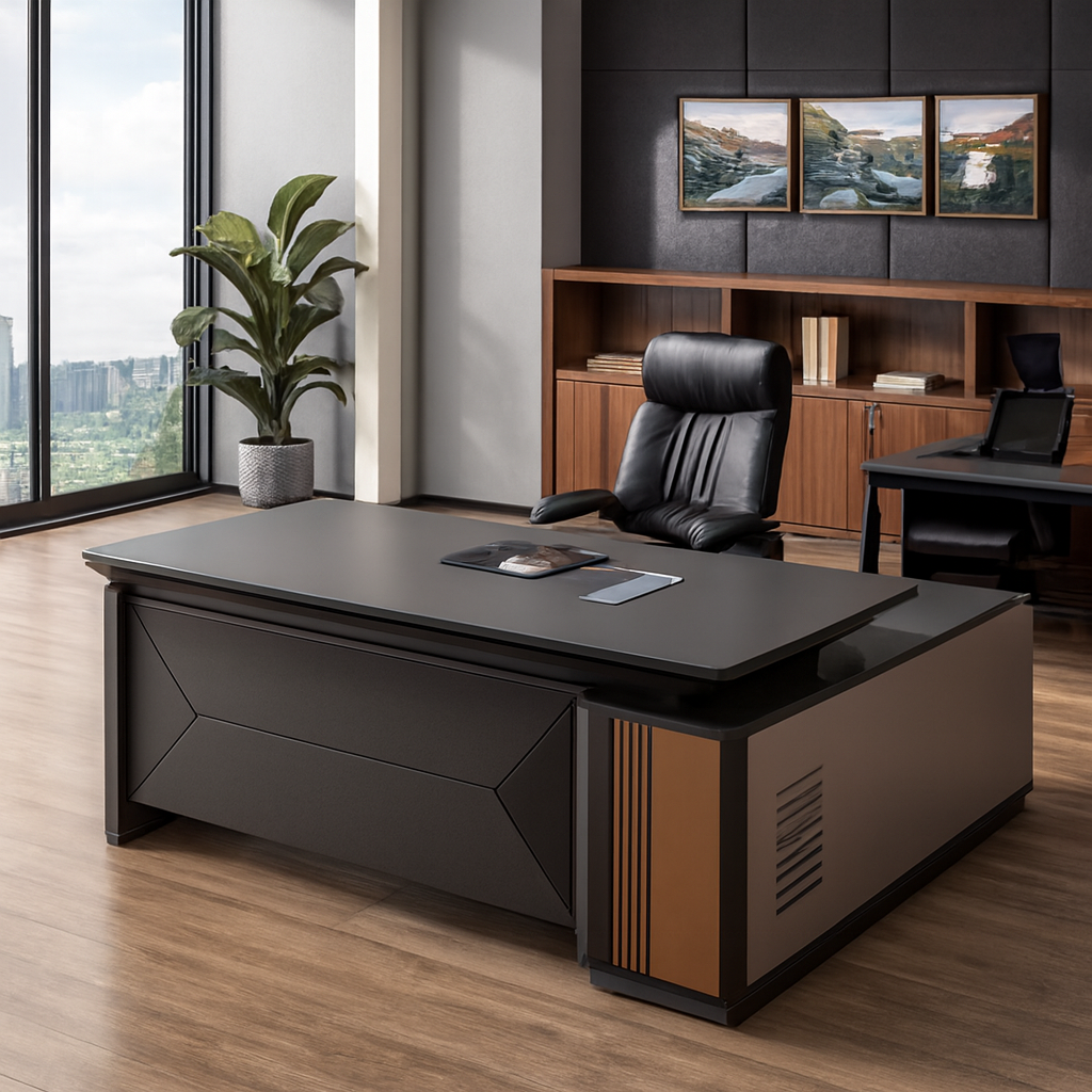 3-link heavy duty waiting bench, 2.4m boardroom table, Mahogany Coat HANGER, Headrest Office Chair, Wooden executive desk, dining table, high back executive chair, 15-locker filing cabinet,