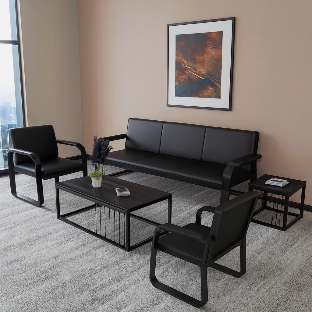 Reception desk, waiting benches, workstation, filing cabinets, mesh chairs, coat hangers,