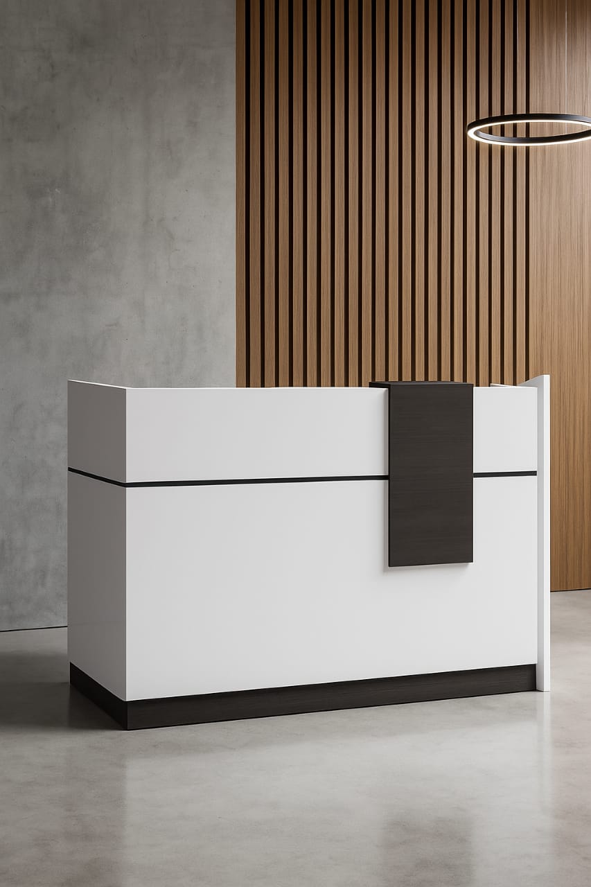 Marble table, Eames chairs, reception desk, workstation, high back chairs,