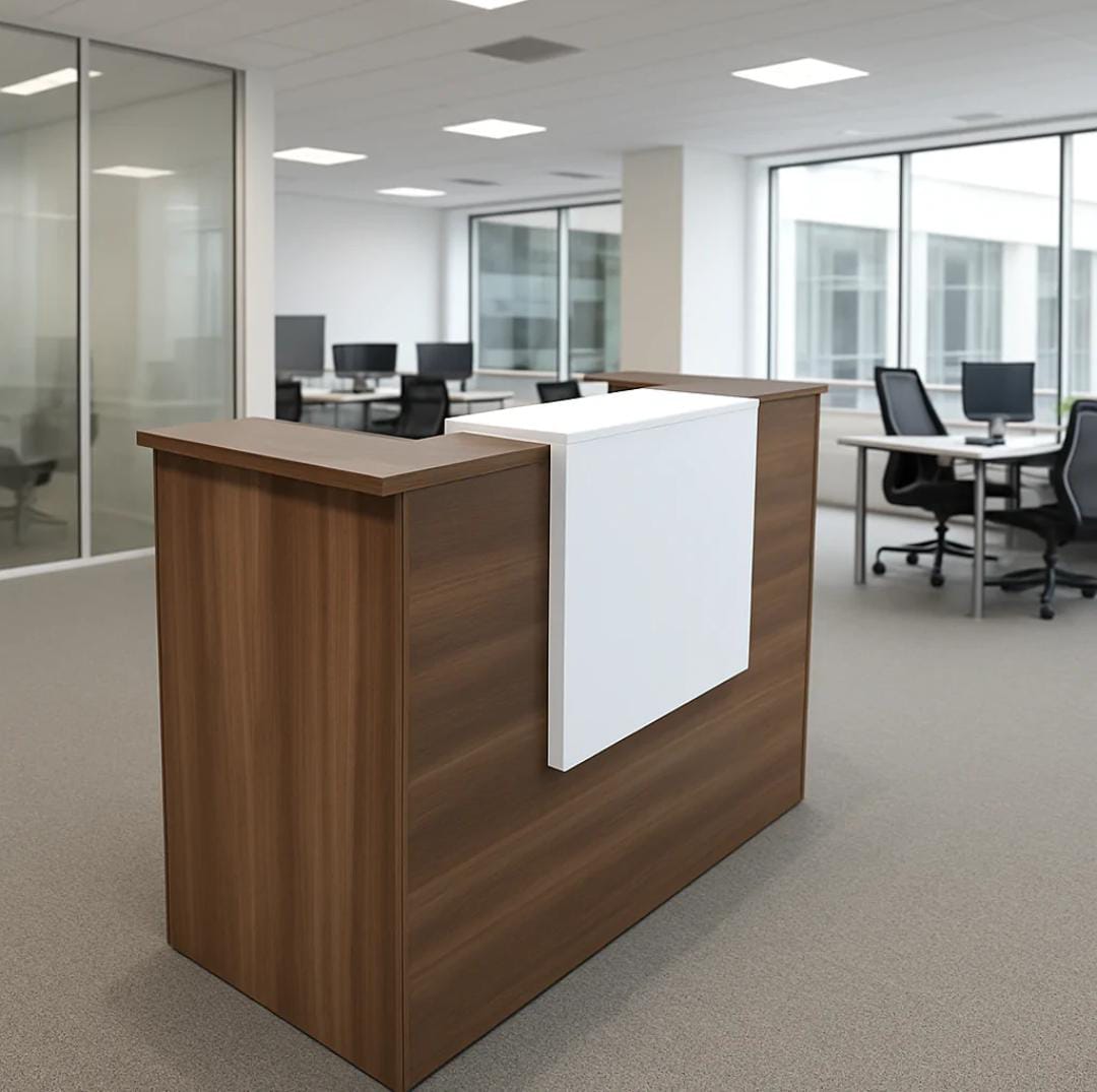 Marble table, Eames chairs, reception desk, workstation, high back chairs,