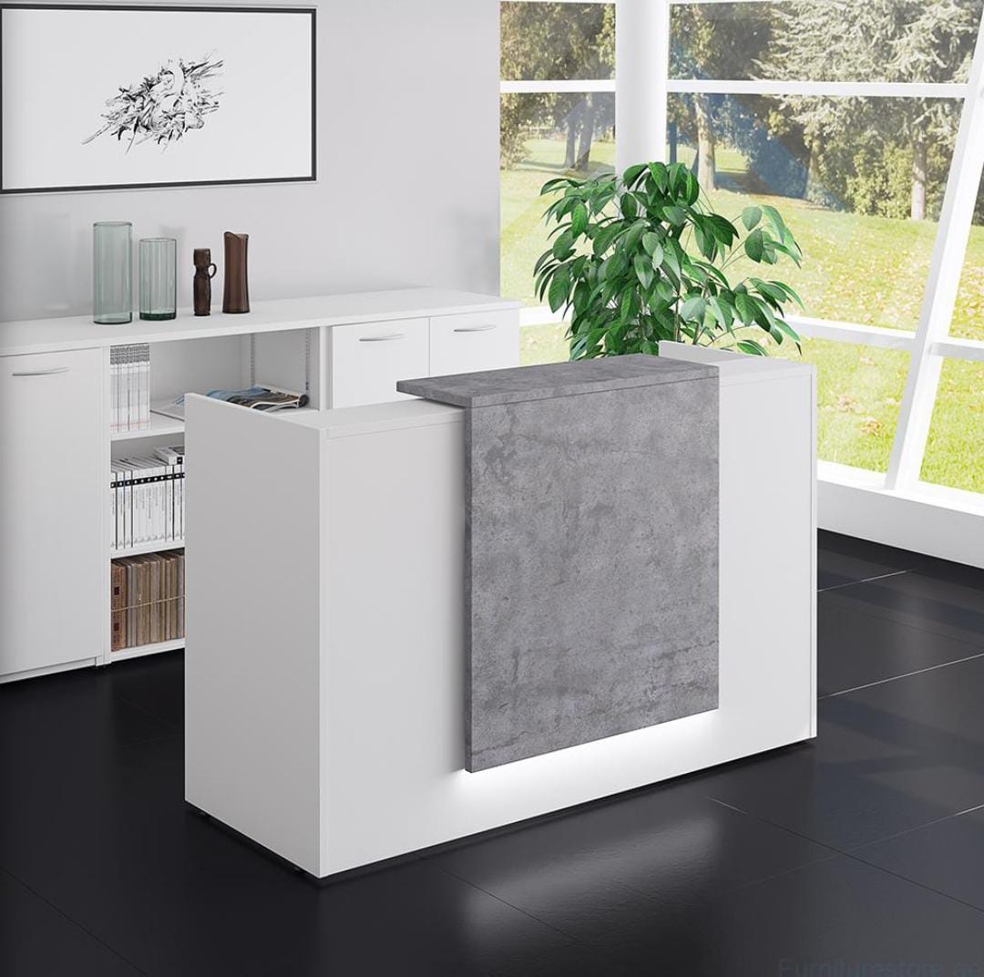 Marble table, Eames chairs, reception desk, workstation, high back chairs,