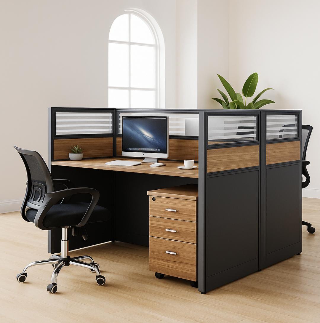 Wooden credenza, movable pedestal, coat hangers, reception desk, workstations, executive desks, strong mesh, waiting bench, conference seats,