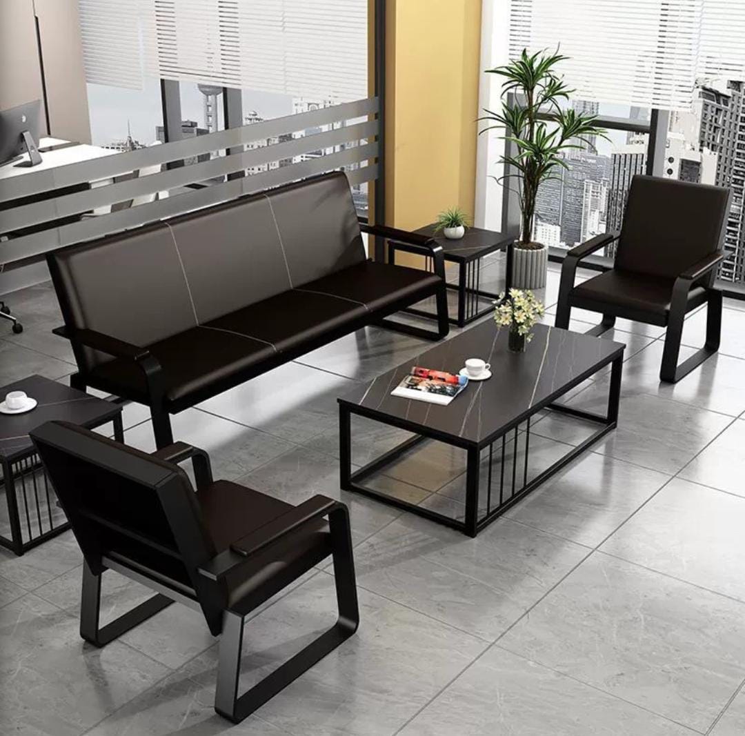 Reception desk, waiting benches, workstation, filing cabinets, mesh chairs, coat hangers,