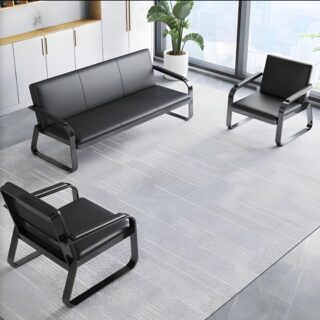 Reception desk, waiting benches, workstation, filing cabinets, mesh chairs, coat hangers,