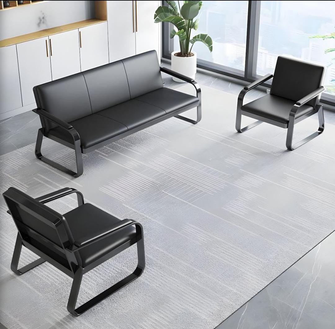 Reception desk, waiting benches, workstation, filing cabinets, mesh chairs, coat hangers,