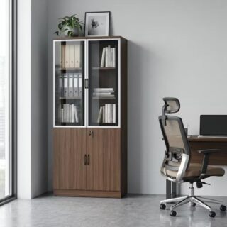 Reception desk, working stations, filing cabinet, mahogany coat hangers, fireproof safe, wooden credenza,