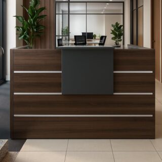 Workstation, reception desk, mahogany coat hanger, executive desks, wooden credenza, filing cabinet,