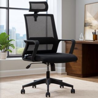 High back chairs, filing cabinet, fireproof safe, wooden credenza , executive desks, coat hangers,