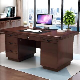 4-Way workstation, dining tables, mahogany coat hanger, 2-door wooden credenza, fireproof safe, marble table, executive chairs,
