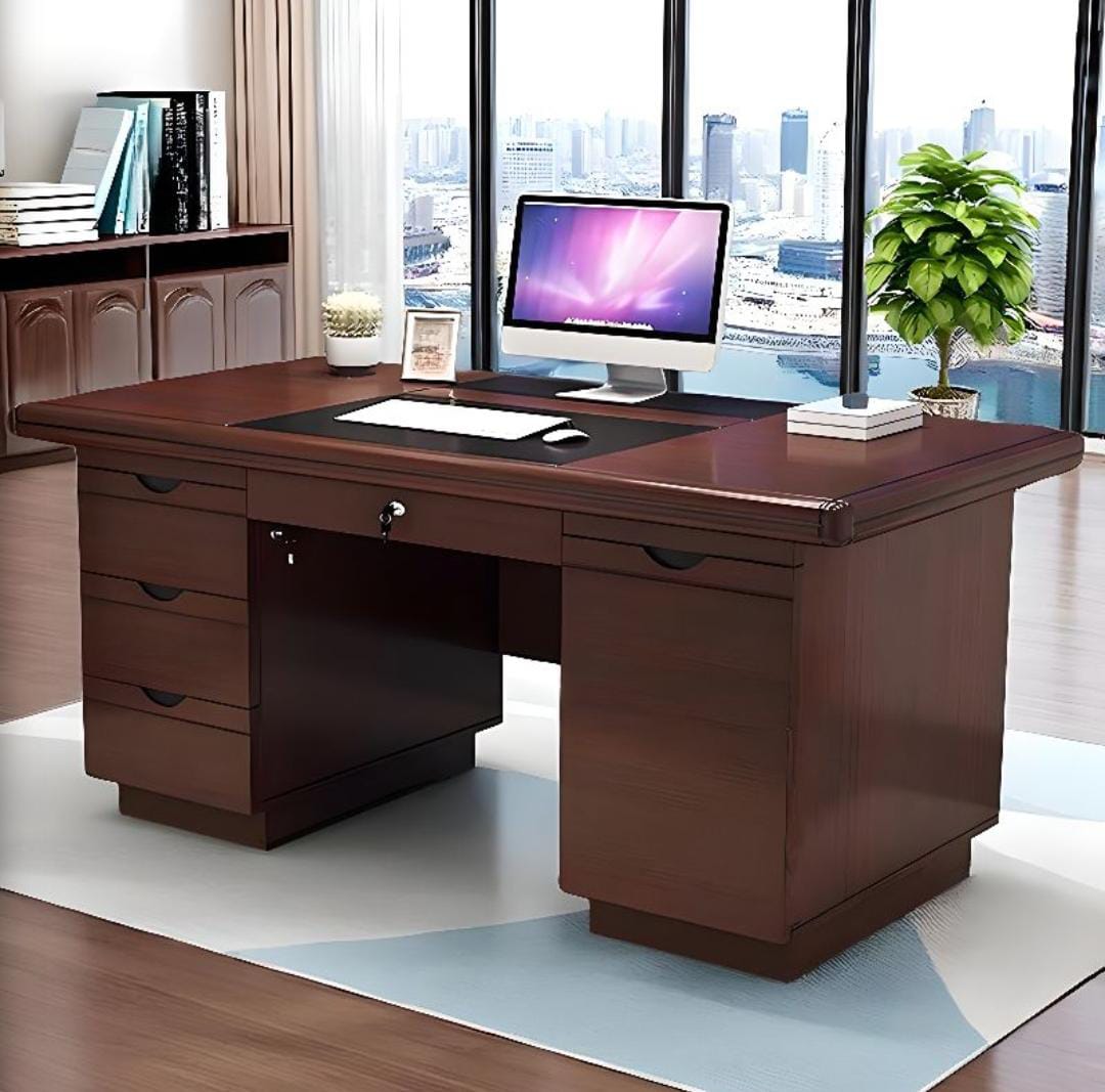 4-Way workstation, dining tables, mahogany coat hanger, 2-door wooden credenza, fireproof safe, marble table, executive chairs,