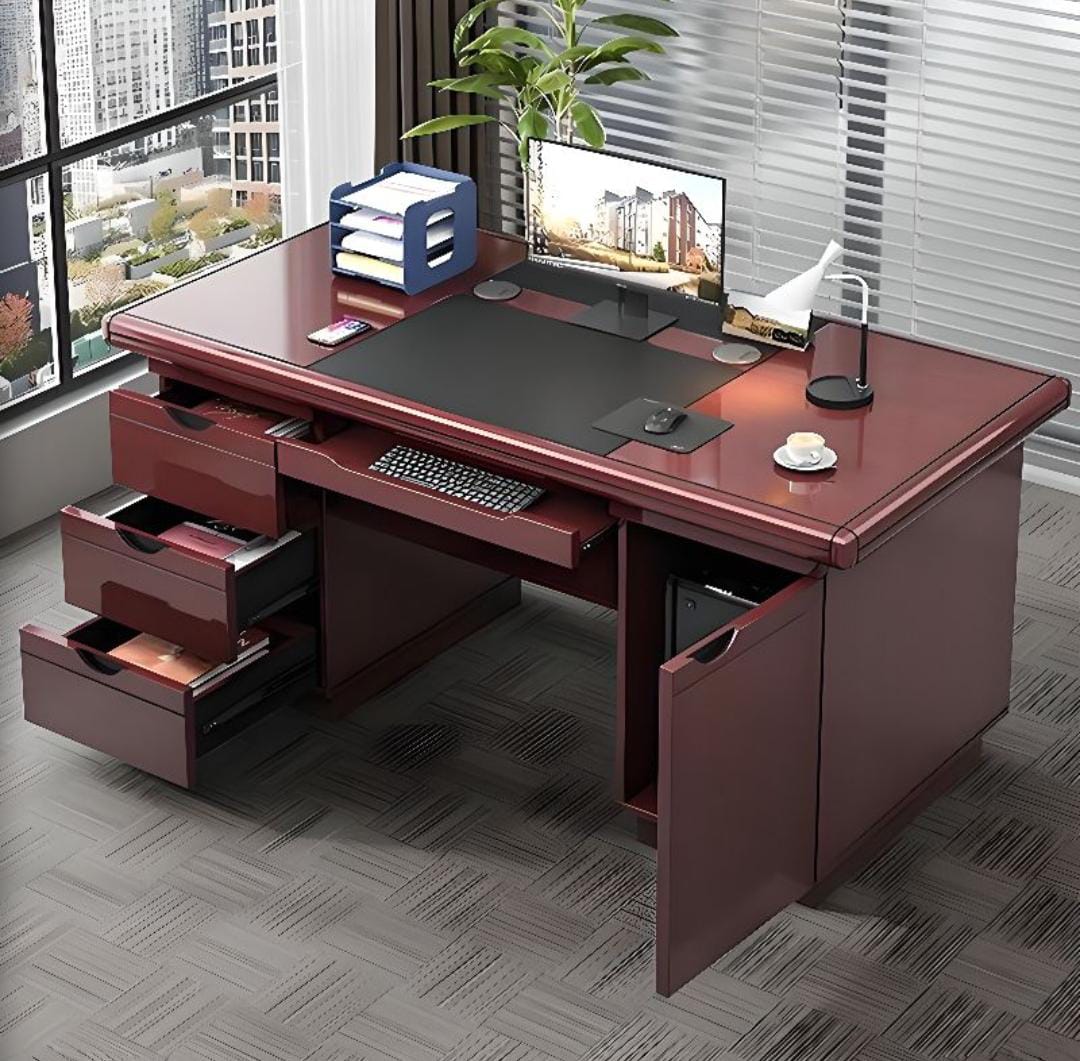 4-Way workstation, dining tables, mahogany coat hanger, 2-door wooden credenza, fireproof safe, marble table, executive chairs,