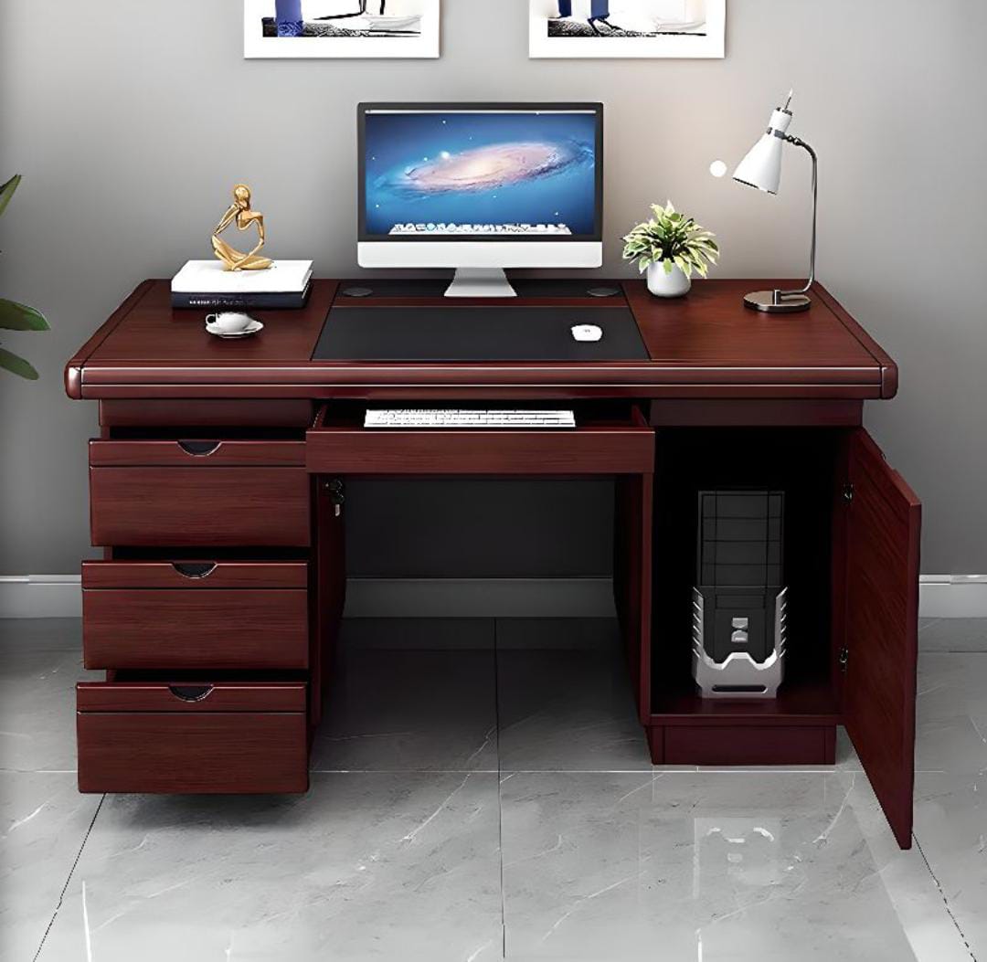 4-Way workstation, dining tables, mahogany coat hanger, 2-door wooden credenza, fireproof safe, marble table, executive chairs,