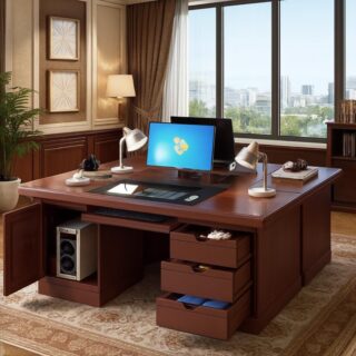 Reception desk, Executive desk, workstation, filing cabinet, Eames chairs, Barstools, fireproof safe, wooden credenza,