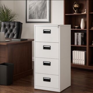 Reception desk, Executive desk, workstation, Eames chairs, filing cabinet,