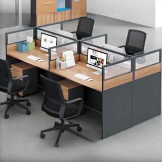 Reception desks, wooden credenza, filing cabinet, movable pedestal, CEOS Recliner seat, mesh chairs, mahogany coat hanger,