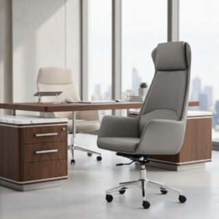 2-Way office workstation, marble tables, dining table, Eames seats, mahogany coat hanger, filing cabinets, wooden credenza,