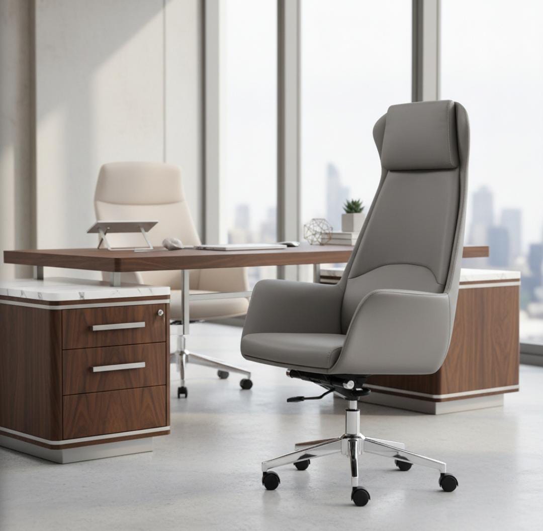 2-Way office workstation, marble tables, dining table, Eames seats, mahogany coat hanger, filing cabinets, wooden credenza,