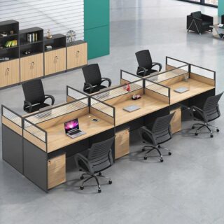 4-Way Workstation, Reception desk, Mesh Chair, Mahogany coat hanger, 2-Door Wooden credenza, Movable Pedestal,
