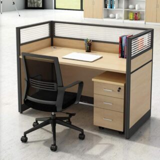 2-Way office workstation, Reception desk, Executive chairs, 2-Door wooden credenza , Waiting bench, Coat hangers