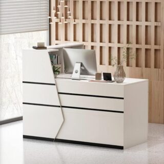 2-Way workstation, Reception desk, Waiting bench, Fireproof safe, Filing cabinet, Headrest chairs, 2-door wooden credenza,