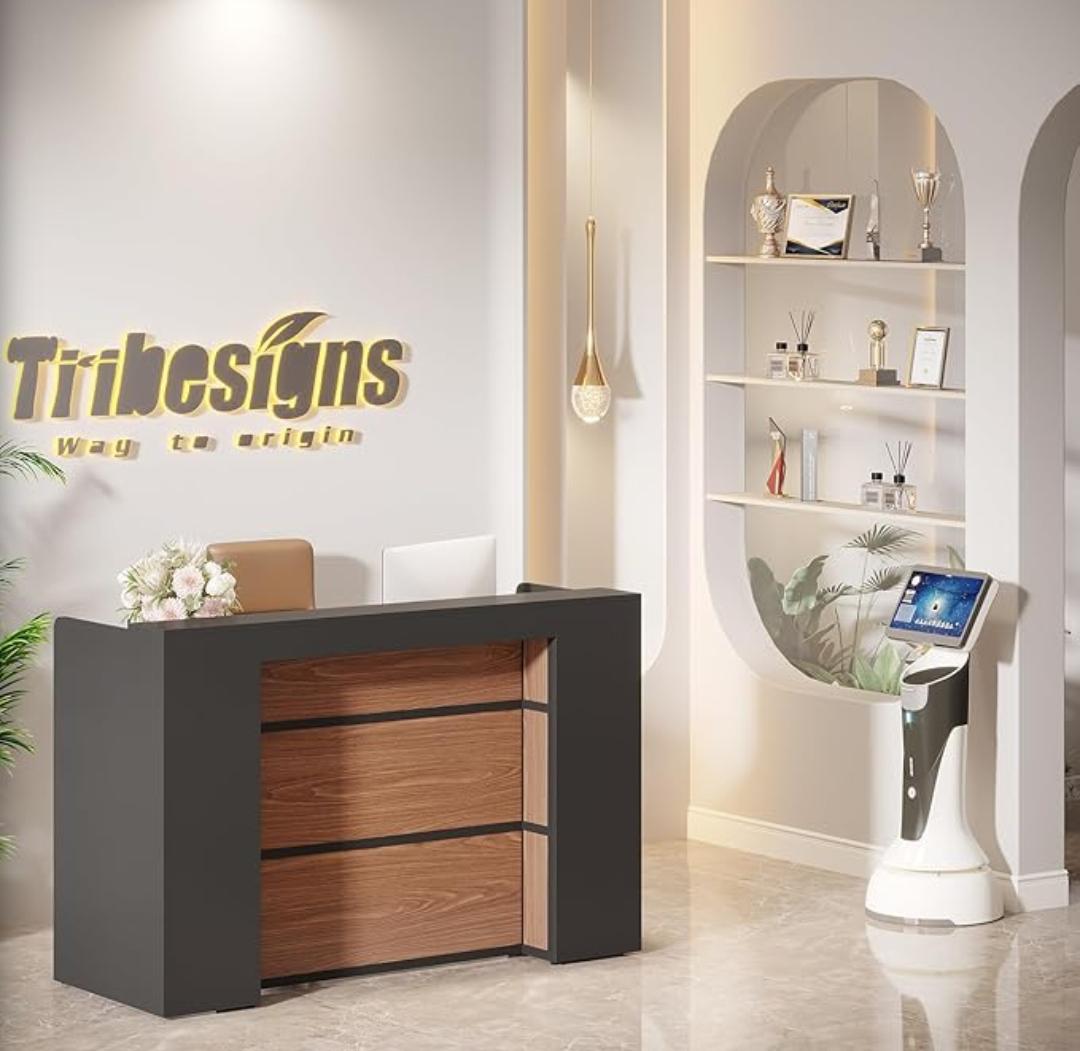Reception desk, Executive desk, Waiting bench, Marble table, mahogany coat hanger, filing cabinet, fireproof safe,