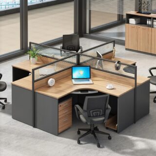 Reception desk, Workstations, Electric height adjustable table, Mahogany coat hanger, Waiting bench, Fireproof safe,
